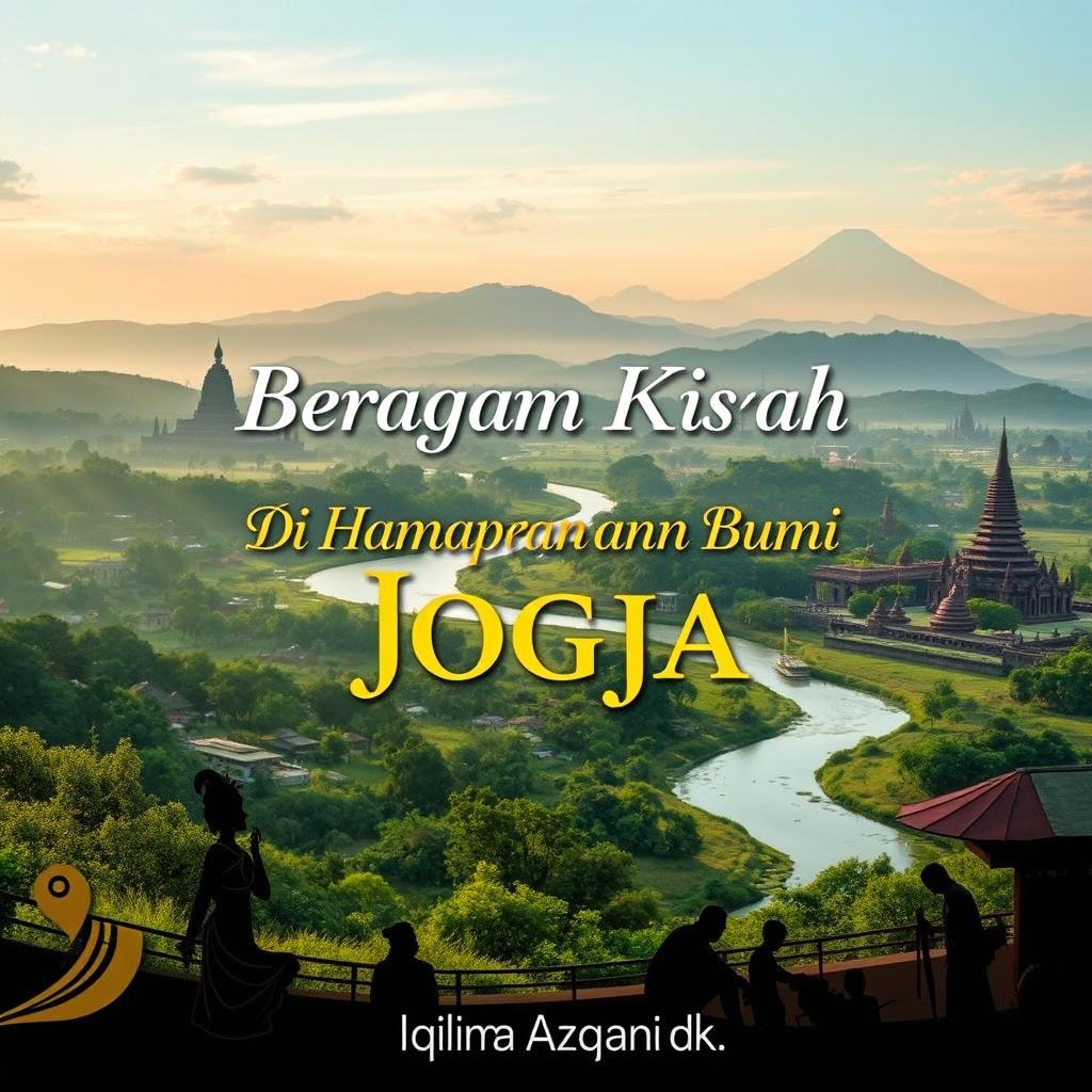 A stunning panoramic view of Yogyakarta featuring the majestic Borobudur Temple, the elegant Prambanan Temple, and the towering Merapi mountains