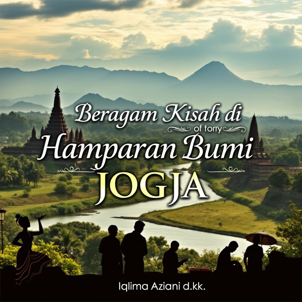 A stunning panoramic view of Yogyakarta featuring the majestic Borobudur Temple, the elegant Prambanan Temple, and the towering Merapi mountains