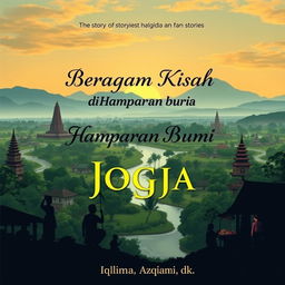 A stunning panoramic view of Yogyakarta featuring the majestic Borobudur Temple, the elegant Prambanan Temple, and the towering Merapi mountains