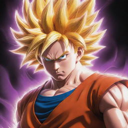 An illustration of Goku from Dragon Ball Z in a powerful, never-before-seen Super Saiyan form, glowing with intensified colors and raw energy, with his distinctive hair transformed to highlight this new power level.