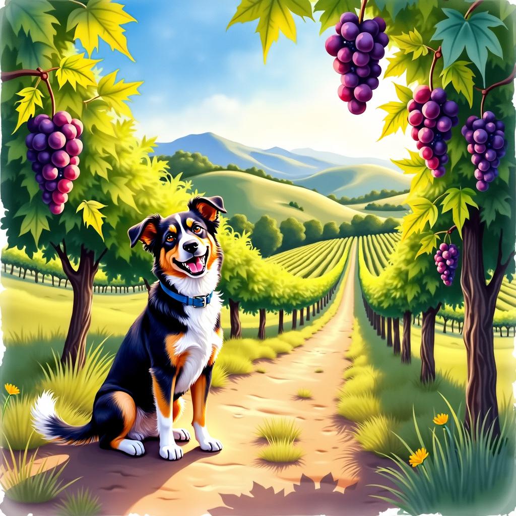 A beautiful watercolour painting depicting a friendly dog standing in a lush, green vineyard