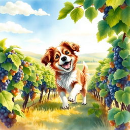 A charming watercolour painting of an adorable dog playfully exploring a sunlit vineyard