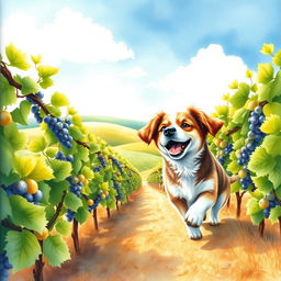 A charming watercolour painting of an adorable dog playfully exploring a sunlit vineyard