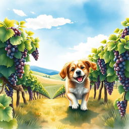 A charming watercolour painting of an adorable dog playfully exploring a sunlit vineyard