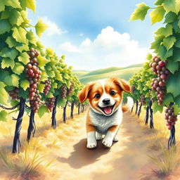 A charming watercolour painting of an adorable dog playfully exploring a sunlit vineyard