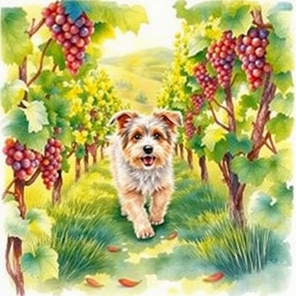 A delightful watercolour painting capturing a playful dog in a vibrant vineyard