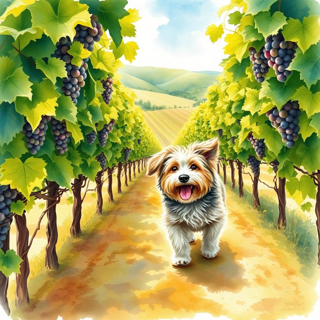 A delightful watercolour painting capturing a playful dog in a vibrant vineyard