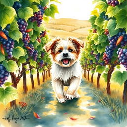 A delightful watercolour painting capturing a playful dog in a vibrant vineyard