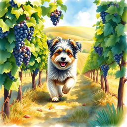 A delightful watercolour painting capturing a playful dog in a vibrant vineyard