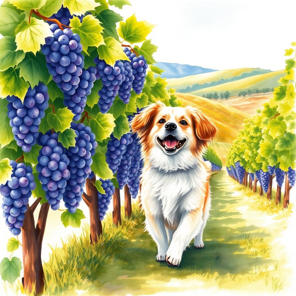 A delightful watercolour painting showcasing a cheerful dog frolicking in a bountiful vineyard