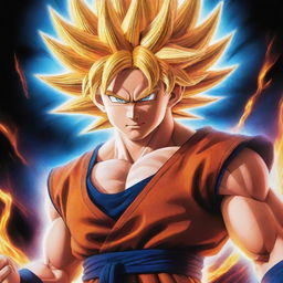 An illustration of Goku from Dragon Ball Z in a powerful, never-before-seen Super Saiyan form, glowing with intensified colors and raw energy, with his distinctive hair transformed to highlight this new power level.