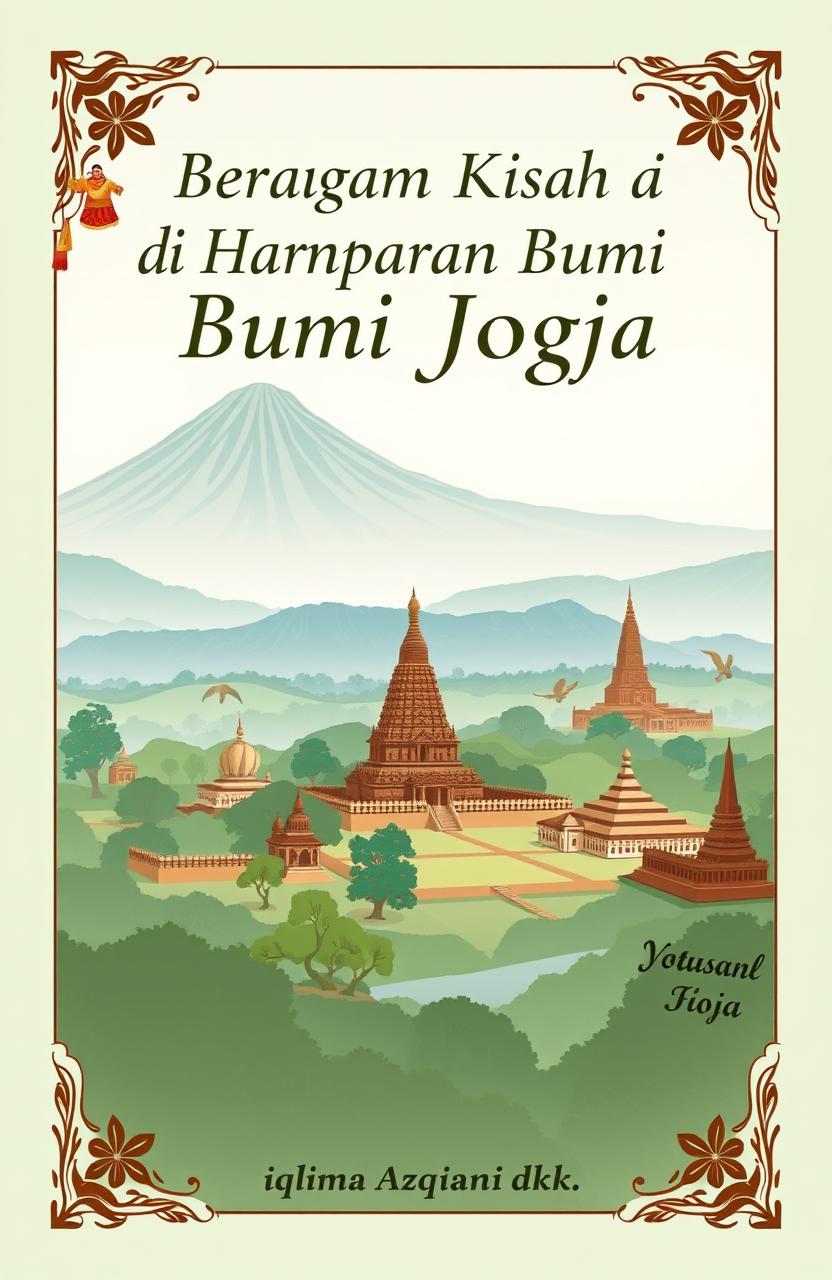 A serene panorama of Yogyakarta featuring Mount Merapi, Borobudur Temple, and Prambanan Temple, beautifully illustrated in soft and natural colors such as green, blue, and brown to create a calm and warm atmosphere