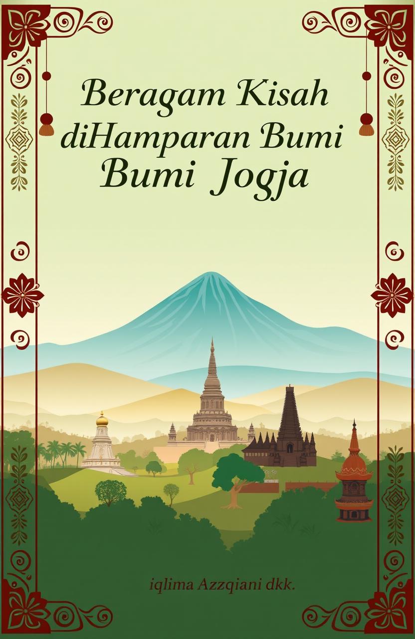 A serene panorama of Yogyakarta featuring Mount Merapi, Borobudur Temple, and Prambanan Temple, beautifully illustrated in soft and natural colors such as green, blue, and brown to create a calm and warm atmosphere