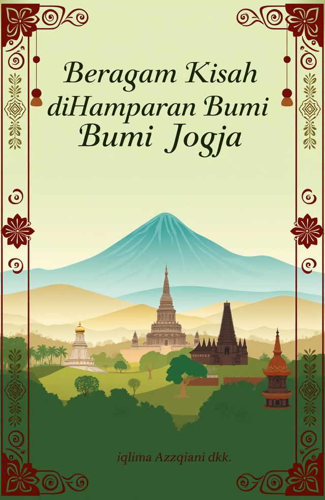 A serene panorama of Yogyakarta featuring Mount Merapi, Borobudur Temple, and Prambanan Temple, beautifully illustrated in soft and natural colors such as green, blue, and brown to create a calm and warm atmosphere