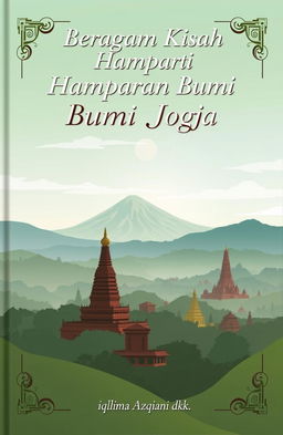 A serene panorama of Yogyakarta featuring Mount Merapi, Borobudur Temple, and Prambanan Temple, beautifully illustrated in soft and natural colors such as green, blue, and brown to create a calm and warm atmosphere