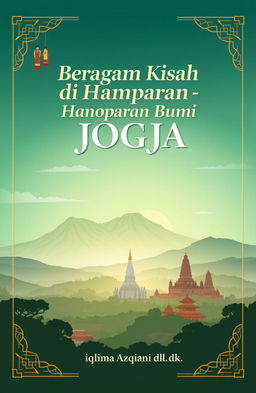 A serene panorama of Yogyakarta featuring Mount Merapi, Borobudur Temple, and Prambanan Temple, beautifully illustrated in soft and natural colors such as green, blue, and brown to create a calm and warm atmosphere