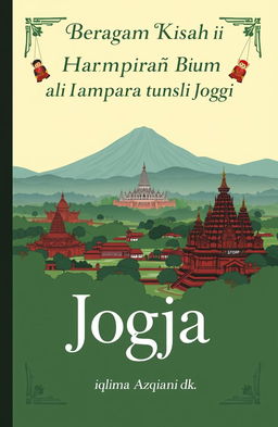 A panoramic landscape of Yogyakarta featuring the majestic Mount Merapi, the iconic Borobudur Temple, and the stunning Prambanan Temple