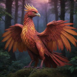 A mythical creature standing majestically in a lush, enchanted forest under a twilight sky. The creature is a mixture of a phoenix and a dragon, with fiery feathers, reflective scales, and eyes that glimmer with wisdom