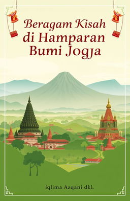 A panoramic landscape of Yogyakarta featuring the majestic Mount Merapi, the iconic Borobudur Temple, and the stunning Prambanan Temple