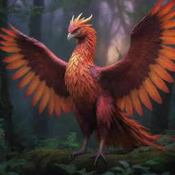 A mythical creature standing majestically in a lush, enchanted forest under a twilight sky. The creature is a mixture of a phoenix and a dragon, with fiery feathers, reflective scales, and eyes that glimmer with wisdom