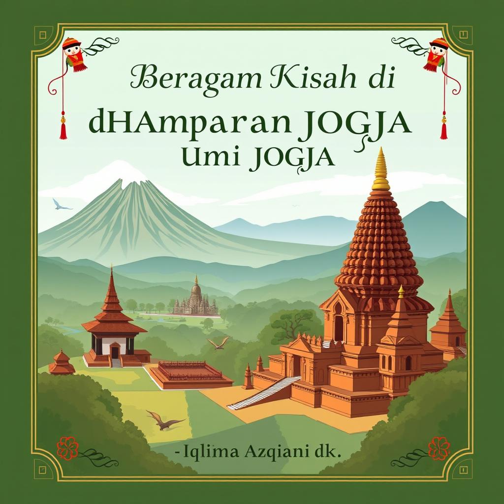 A panoramic landscape of Yogyakarta showcasing the beautiful Mount Merapi, the historical Borobudur Temple, and the elegant Prambanan Temple