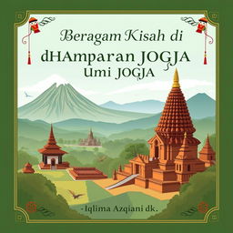 A panoramic landscape of Yogyakarta showcasing the beautiful Mount Merapi, the historical Borobudur Temple, and the elegant Prambanan Temple