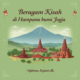 A panoramic landscape of Yogyakarta showcasing the beautiful Mount Merapi, the historical Borobudur Temple, and the elegant Prambanan Temple