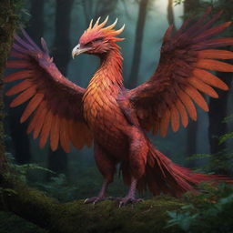 A mythical creature standing majestically in a lush, enchanted forest under a twilight sky. The creature is a mixture of a phoenix and a dragon, with fiery feathers, reflective scales, and eyes that glimmer with wisdom