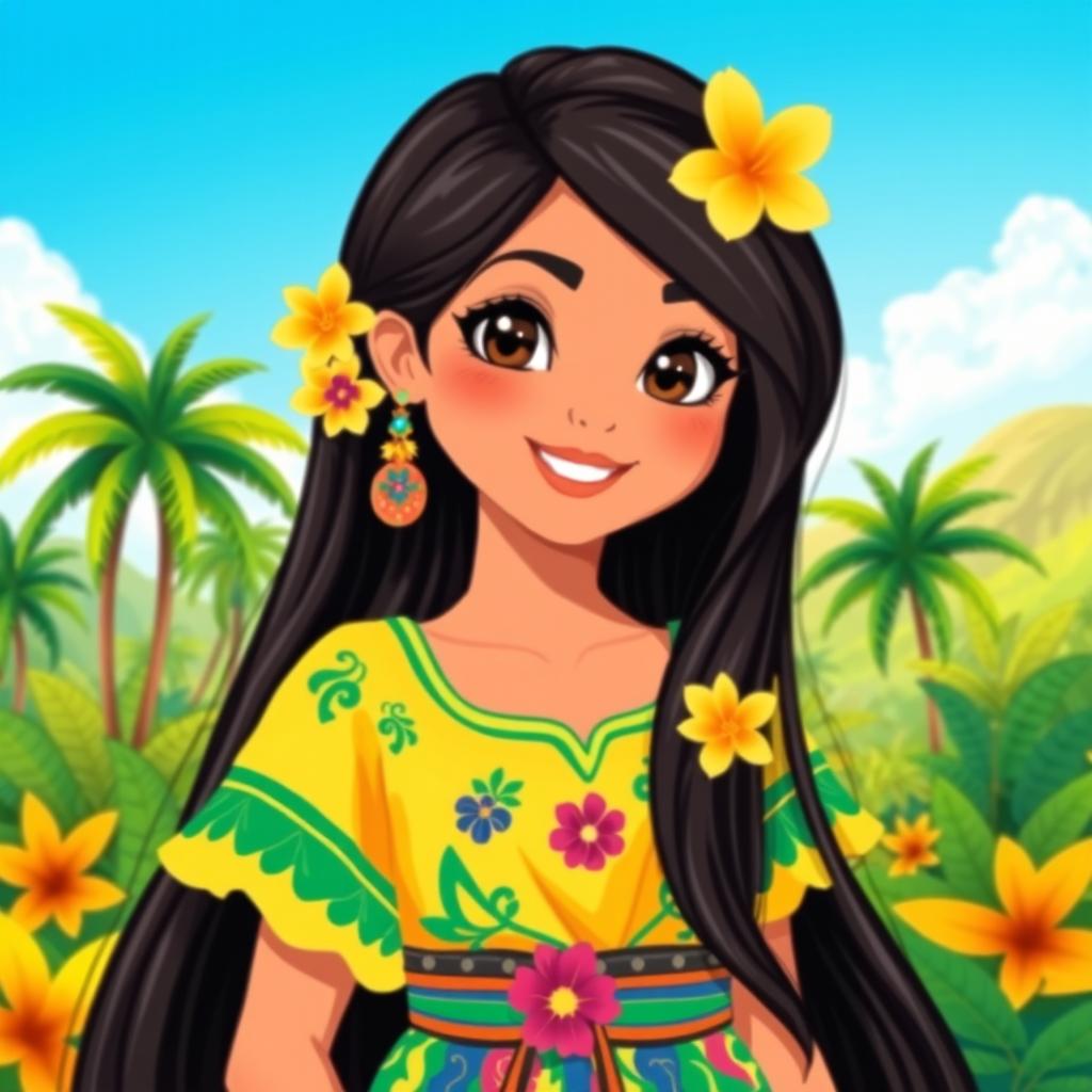 A vibrant illustration of a Brazilian girl dressed in traditional attire, showcasing her beautiful features and lively personality