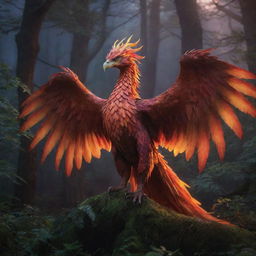 A mythical creature standing majestically in a lush, enchanted forest under a twilight sky. The creature is a mixture of a phoenix and a dragon, with fiery feathers, reflective scales, and eyes that glimmer with wisdom