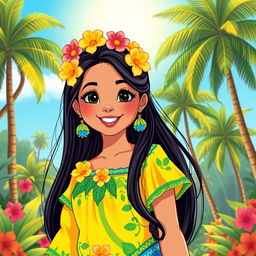 A vibrant illustration of a Brazilian girl dressed in traditional attire, showcasing her beautiful features and lively personality