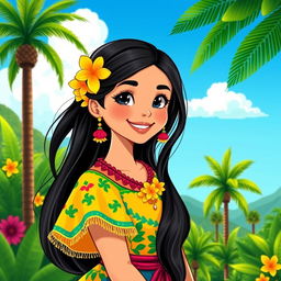 A vibrant illustration of a Brazilian girl dressed in traditional attire, showcasing her beautiful features and lively personality