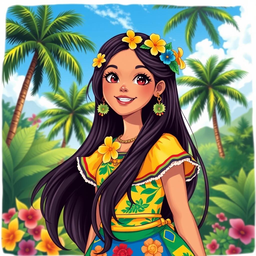 A vibrant illustration of a Brazilian girl dressed in traditional attire, showcasing her beautiful features and lively personality