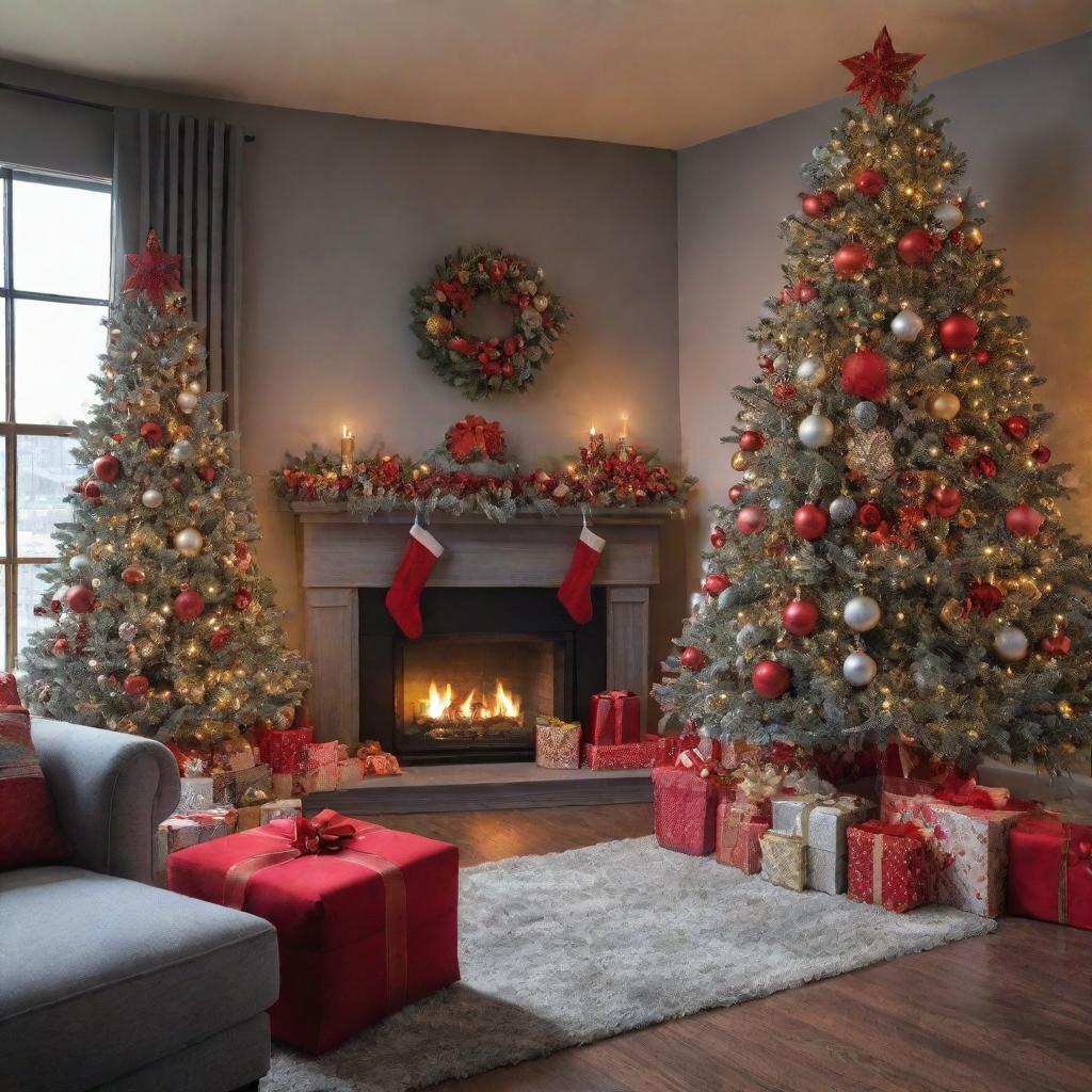 A vivid Christmas scene embodying red, gray, and gold hues. Capturing the charm of the festive season.