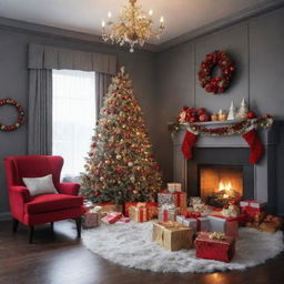 A vivid Christmas scene embodying red, gray, and gold hues. Capturing the charm of the festive season.