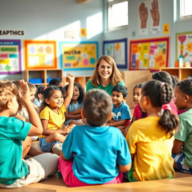 An educational setting showcasing a vibrant classroom filled with students engaging in empathetic discussions