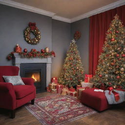 A vivid Christmas scene embodying red, gray, and gold hues. Capturing the charm of the festive season.