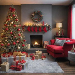 A vivid Christmas scene embodying red, gray, and gold hues. Capturing the charm of the festive season.