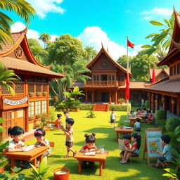 A vibrant 3D depiction of a traditional Indonesian school, featuring distinct architectural elements such as wooden Balinese-style structures with intricate carvings, surrounded by lush greenery and tropical plants