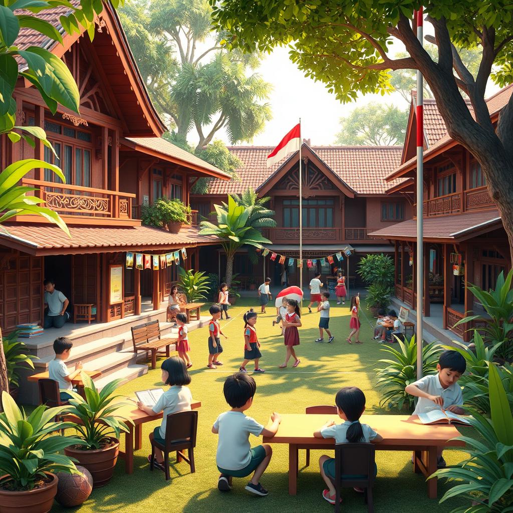 A vibrant 3D depiction of a traditional Indonesian school, featuring distinct architectural elements such as wooden Balinese-style structures with intricate carvings, surrounded by lush greenery and tropical plants