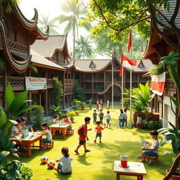 A vibrant 3D depiction of a traditional Indonesian school, featuring distinct architectural elements such as wooden Balinese-style structures with intricate carvings, surrounded by lush greenery and tropical plants