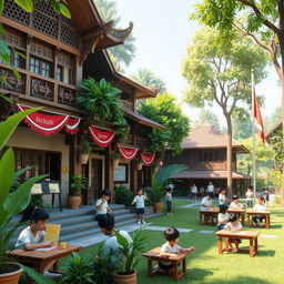 A vibrant 3D depiction of a traditional Indonesian school, featuring distinct architectural elements such as wooden Balinese-style structures with intricate carvings, surrounded by lush greenery and tropical plants