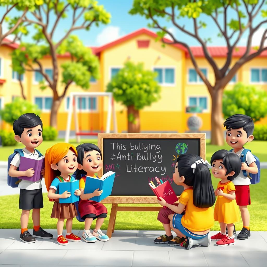 A vibrant 3D illustration depicting a group of diverse Indonesian schoolchildren creatively engaging in anti-bullying activities through literacy