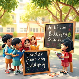 A vibrant 3D illustration depicting a group of diverse Indonesian schoolchildren creatively engaging in anti-bullying activities through literacy