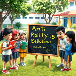 A vibrant 3D illustration depicting a group of diverse Indonesian schoolchildren creatively engaging in anti-bullying activities through literacy