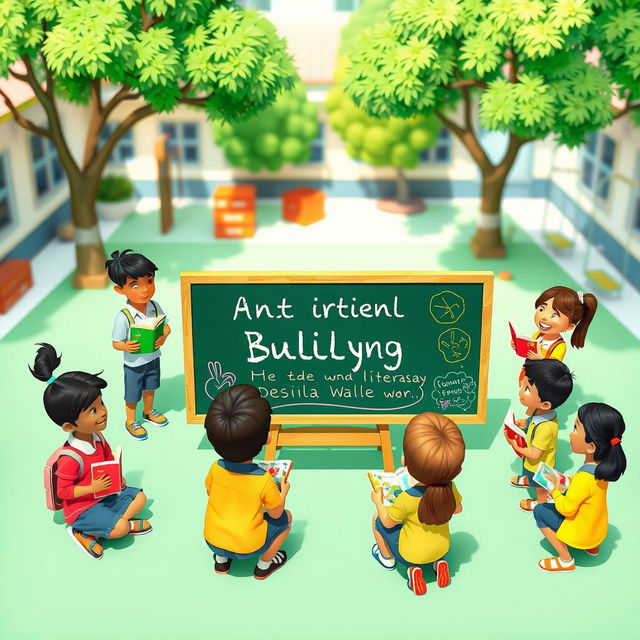 A vibrant 3D illustration depicting a group of diverse Indonesian schoolchildren creatively engaging in anti-bullying activities through literacy