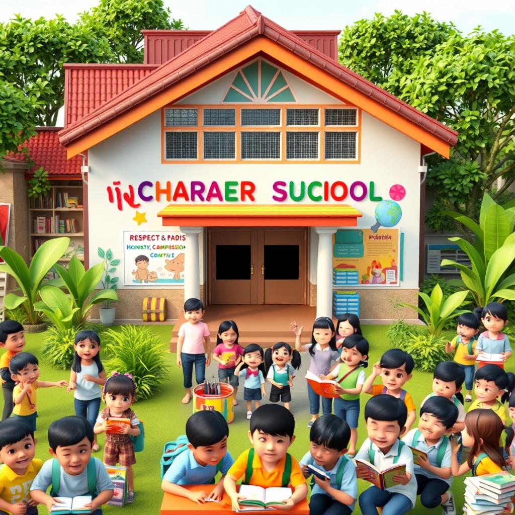 A vibrant and dynamic 3D representation of an Indonesian school focused on character education