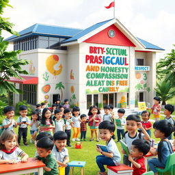 A vibrant and dynamic 3D representation of an Indonesian school focused on character education