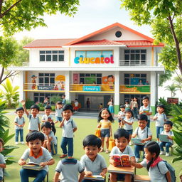 A vibrant and dynamic 3D representation of an Indonesian school focused on character education