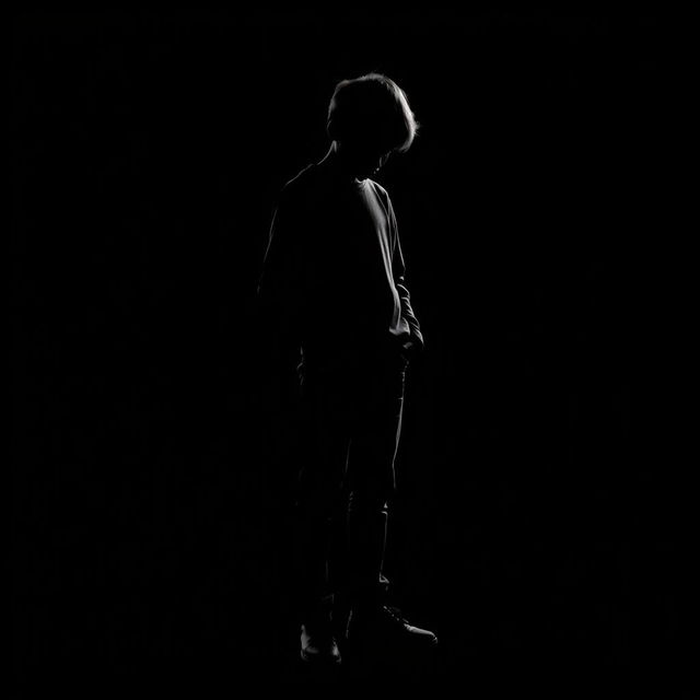 A 3D silhouette of a sad male student representing bullying, standing alone against a black background